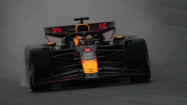 Red Bull driver Max Verstappen of the Netherlands steers his car in the rain during the sprint qualifying session for the Chinese Formula One Grand Prix at the Shanghai International Circuit, Shanghai, China, Friday, April 19, 2024. (Andy Wong/AP)