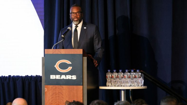 Chicago Bears mayor Brandon Johnson speaks during a news conference where NFL football team unveiled a nearly $5 billion proposal Wednesday, April 24, 2024, in Chicago, for an enclosed stadium next door to their current home at Soldier Field.(Teresa Crawford/AP)