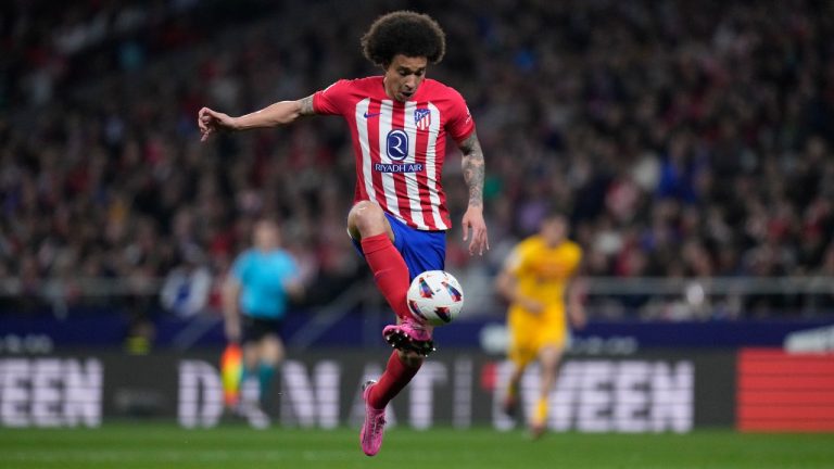 Atletico Madrid's Axel Witsel controls the ball during the La Liga soccer match between Atletico Madrid and Barcelona at the Metropolitano stadium in Madrid, Spain, Sunday, March 17, 2024. (Bernat Armangue/AP)