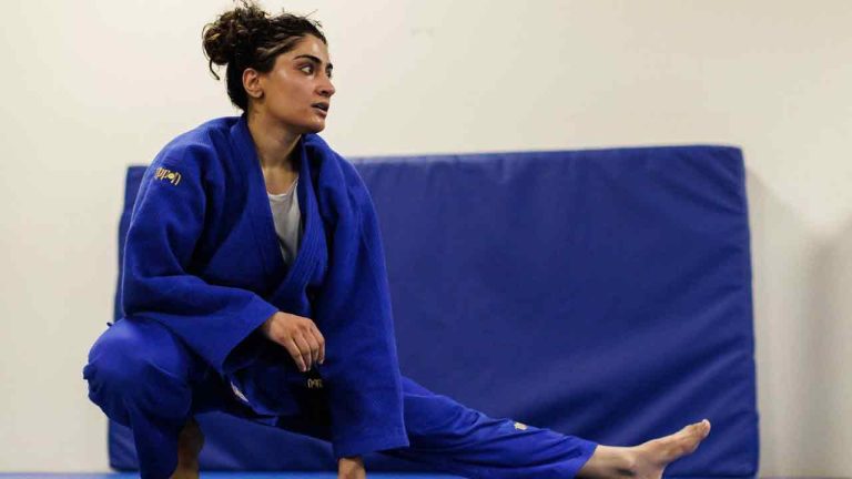 Nigara Shaheen is shown during her judo training at the Toronto Pan Am Sports Centre in Toronto on Jan. 19, 2023. Shaheen has been named to the Olympic refugee team for the Paris Games.THE CANADIAN PRESS/HO-UNHCR/Cole Burston