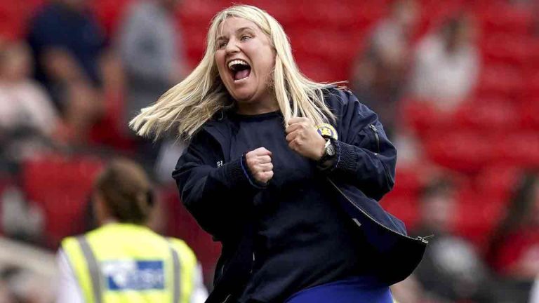Emma Hayes has brought in several former staff members at Chelsea as she embarks on her new role as head coach of the U.S. women's national team. (Martin Rickett/PA via AP)