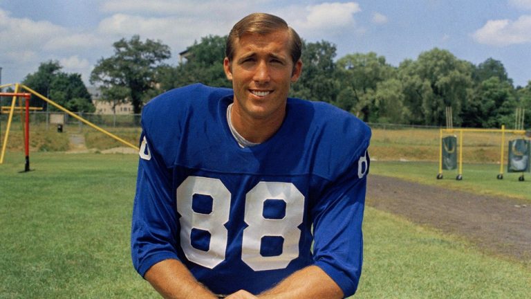 New York Giants football player Aaron Thomas posed in 1968. Aaron Thomas, one of the most prolific receiving tight ends in the history of the New York Giants, died last week at his home in Corvallis, Oregon, following a lengthy illness. He was 86. The Giants announced Thomas' death Friday, May 3, 2024. (AP/File)