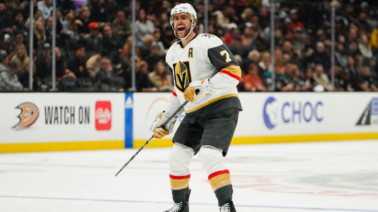 Vegas Golden Knights defenceman Alex Pietrangelo reacts during the second period of an NHL hockey game against the Anaheim Ducks, Sunday, Nov. 5, 2023, in Anaheim, Calif. (Ryan Sun/AP)
