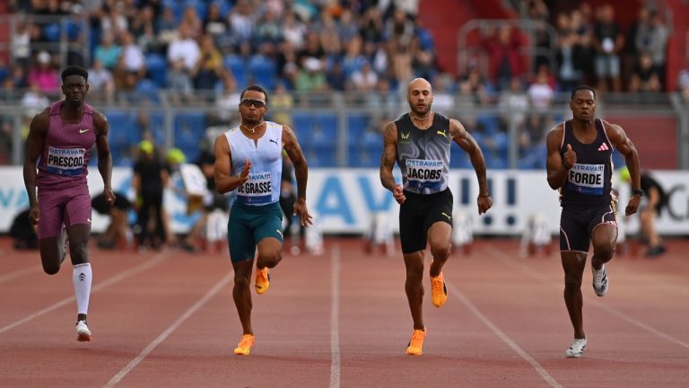 From left, Britain's Reece Prescod, Canada's Andre de Grasse, Italy's Lamont Marcell Jacobs and Jamaica's Ryiem Forde compete in the men's 100 meters final at the Golden Spike, Continental Tour Gold athletic event, in Ostrava, Czech Republic, Tuesday, May 28, 2024. (Jaroslav Ozana/CTK via AP)