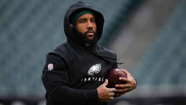 Boston Scott works out prior to an NFL football game against the Arizona Cardinals, Sunday, Dec. 31, 2023, in Philadelphia. (Matt Slocum/AP)