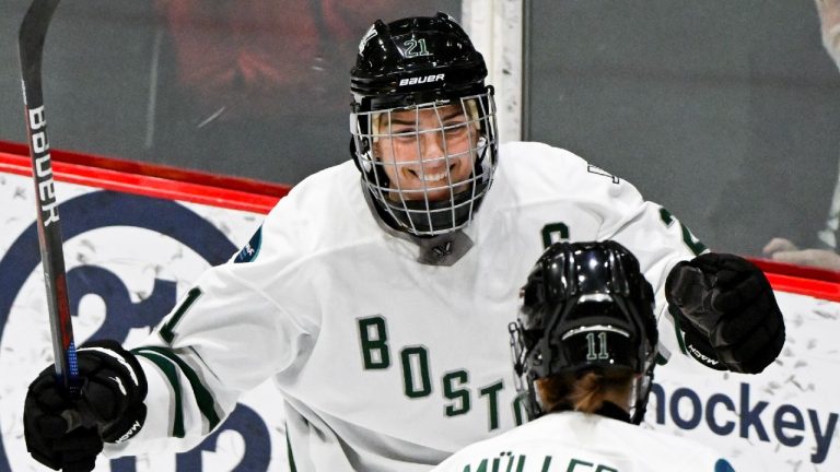 Boston's Hilary Knight (21) reacts after scoring against Montreal during second period PWHL hockey action in Montreal, Saturday, March 2, 2024. (Graham Hughes/CP)