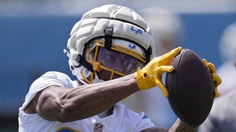 Los Angeles Chargers wide receiver Brenden Rice makes a catch during an NFL rookie minicamp football practice Friday, May 10, 2024, in Costa Mesa, Calif. (AP/Mark J. Terrill)