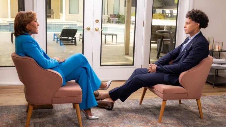 This image released by ABC News shows Robin Roberts, left, during an interview with Brittney Griner for a “20/20” special airing tonight at 10 p.m. ET on ABC. (Michael Le Brecht II/ABC News via AP)