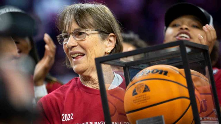 Stanford head coach Tara VanDerveer accepts an award for winning her 1000th career game after the team won an NCAA college basketball game against Utah for the Pac-12 tournament championship Sunday, March 6, 2022, in Las Vegas. (Ellen Schmidt/AP)