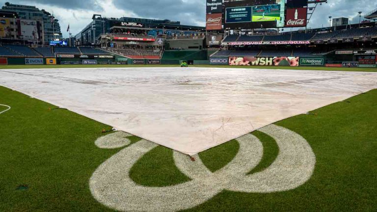 A tarp covers the field during a rain delay before a baseball game between the Washington Nationals and the Los Angeles Dodgers at Nationals Park, Saturday, Sept. 9, 2023, in Washington. (Andrew Harnik/AP)