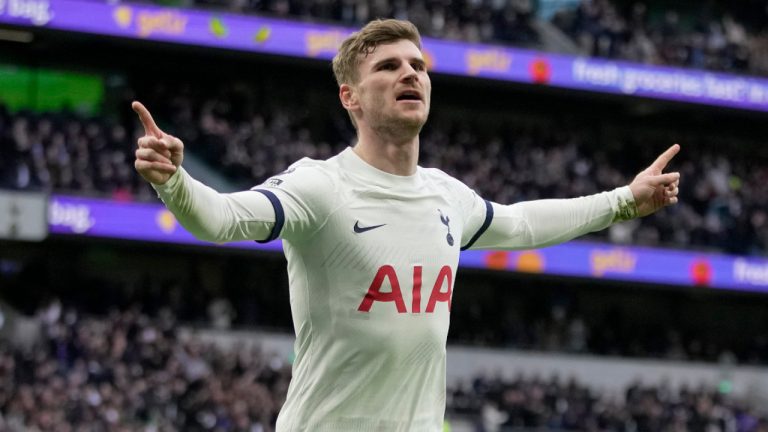 Tottenham's Timo Werner celebrates scoring his side's first goal during the English Premier League soccer match between Tottenham Hotspur and Crystal Palace at Tottenham Hotspur Stadium in London, Saturday, March 2, 2024.(Kin Cheung/AP) 