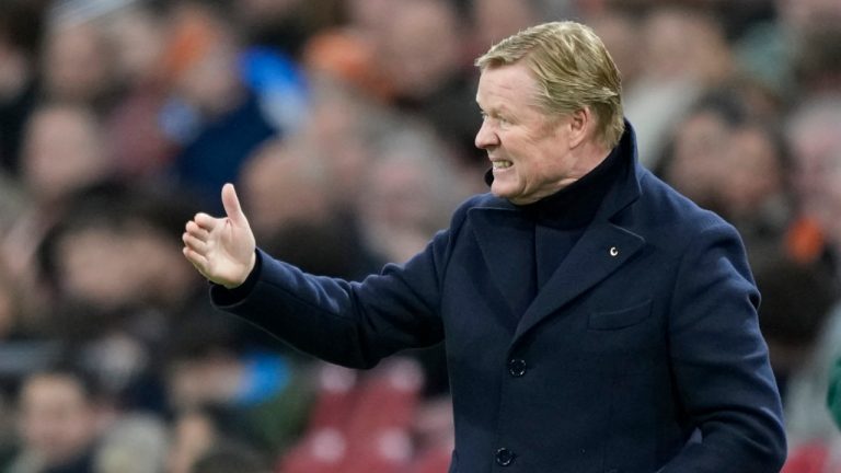 Netherlands head coach Ronald Koeman gives instructions from the side line during an international friendly soccer match between Netherlands and Scotland at the Johan Cruyff ArenA, in Amsterdam, Netherlands, Friday, March 22, 2024. (Peter Dejong/AP)