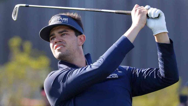 Beau Hossler tees off on the ninth tee box during the first round of the Houston Open golf tournament Thursday, March, 28, 2024, in Houston. (Michael Wyke/AP)