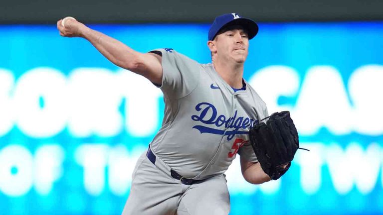 Los Angeles Dodgers pitcher Evan Phillips delivers during the ninth inning of a baseball game against the Minnesota Twins, Monday, April 8, 2024, in Minneapolis. (Abbie Parr/AP)