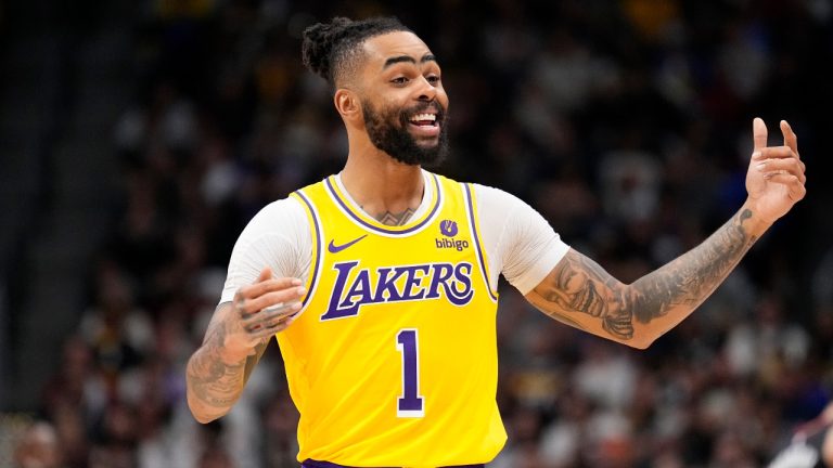 Los Angeles Lakers guard D'Angelo Russell reacts during the second half against the Denver Nuggets in Game 2 of an NBA basketball first-round playoff series Monday, April 22, 2024, in Denver. (Jack Dempsey/AP)