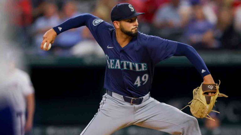 Seattle Mariners relief pitcher Tyson Miller delivers a pitch in the sixth inning of a baseball game against the Texas Rangers, Wednesday, April 24, 2024, in Arlington, Texas. (Gareth Patterson/AP)