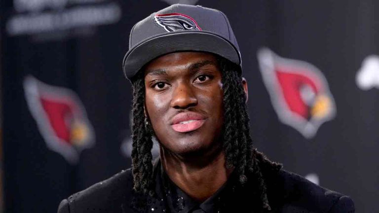 Arizona Cardinals first round draft pick Marvin Harrison Jr. speaks at an NFL football press conference, Friday, April 26, 2024, at the teams' facility in Tempe, Ariz. (Matt York/AP)