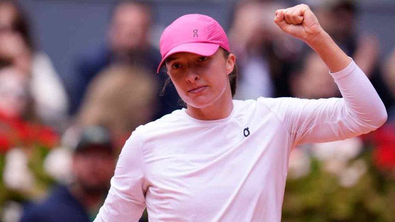 Iga Swiatek of Poland celebrates after defeating Madison Keys of USA during the Mutua Madrid Open tennis tournament in Madrid, Spain, Thursday, May 2, 2024. (Manu Fernandez/AP)