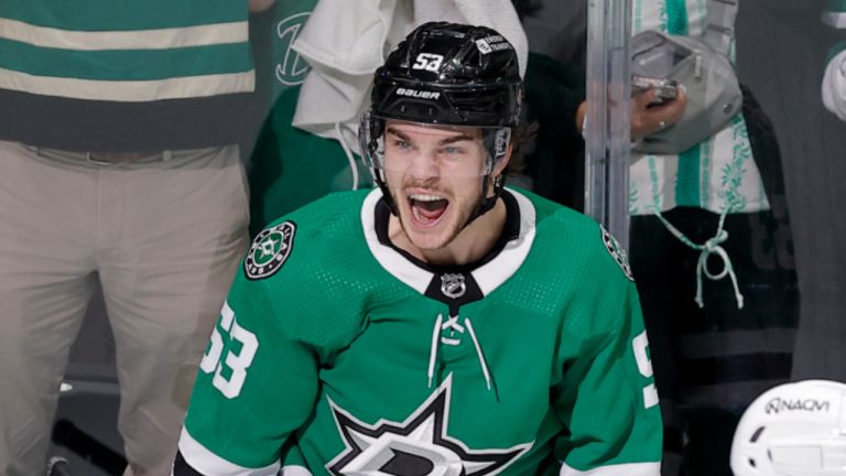 Vegas Golden Knights center Tomas Hertl (48) skates by as Dallas Stars center Wyatt Johnston (53) celebrates his first period goal in Game 7 of an NHL hockey Stanley Cup first-round playoff series, Sunday, May 5, 2024, in Dallas. (Brandon Wade/AP) 