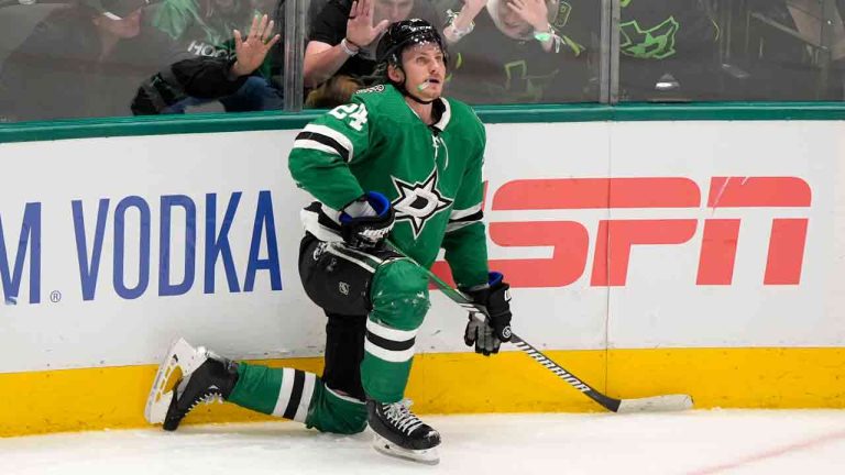 Dallas Stars centre Roope Hintz kneels on the ice after being issued a penalty for embelishment in the third period in Game 2 of an NHL hockey Stanley Cup second-round playoff series against the Colorado Avalanche in Dallas, Tuesday, May 7, 2024. (LM Otero/AP)