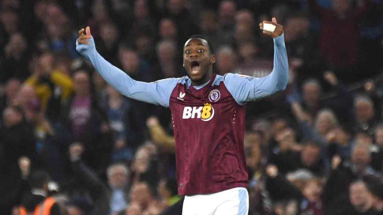 Aston Villa's Jhon Duran celebrates after scoring his side's second goal during the English Premier League soccer match between Aston Villa and Liverpool at the Villa Park stadium in Birmingham, England, Monday, May 13, 2024. (Rui Vieira/AP)
