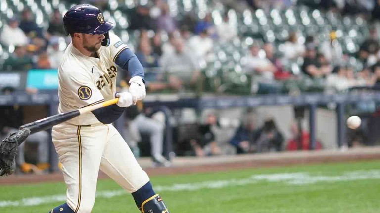 Milwaukee Brewers' Rhys Hoskins hits a single during the second inning of a baseball game against the Pittsburgh Pirates Monday, May 13, 2024, in Milwaukee. (Morry Gash/AP)
