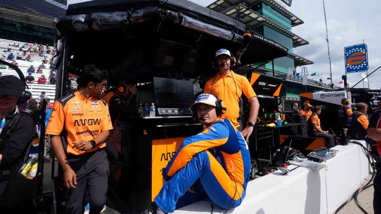 Kyle Larson sits on pit wall during a practice session for the Indianapolis 500 auto race at Indianapolis Motor Speedway, Friday, May 17, 2024, in Indianapolis. (Darron Cummings/AP)