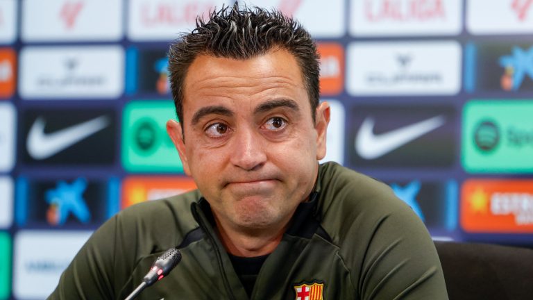 Barcelona's head coach Xavi Hernandez attends a press conference in Barcelona, Spain, Saturday, May 25, 2024. Barcelona says coach Xavi Hernandez is leaving the club at the end of the season. (Joan Monfort/AP)