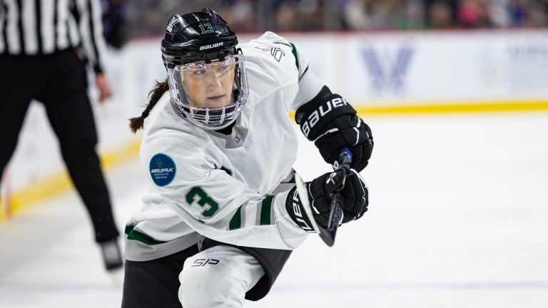 Boston defender Kaleigh Fratkin fires a shot during a regular-season game against Minnesota. (Photo by Kelly Hagenson/PWHL)