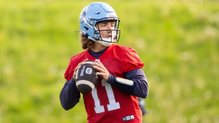 Toronto Argonauts quarterback Cameron Dukes (11) participates in a drill during CFL training camp at Alumni Stadium in Guelph, Ont., Sunday, May 12, 2024. THE CANADIAN PRESS/Nick Iwanyshyn