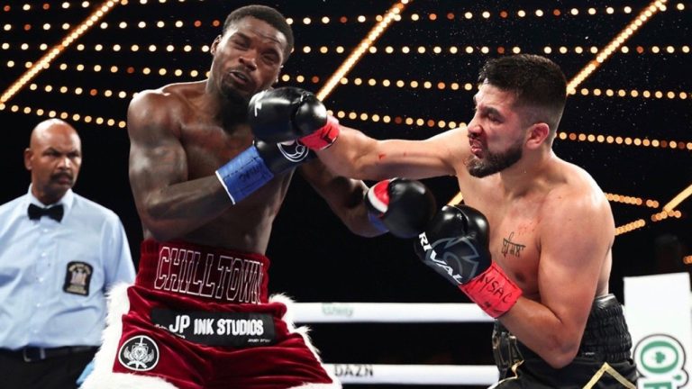 Canadian Buneet Bisla (right) connects with American Khalil (Big Steppa) Coe on June 24, 2023, at The Theater at Madison Square Garden. Bisla lost that fight but looks to win the vacant Canadian light-heavyweight title when he faces Manitoba’s Devon Tomko in Victoria. (CP/HO-Jason Heit)