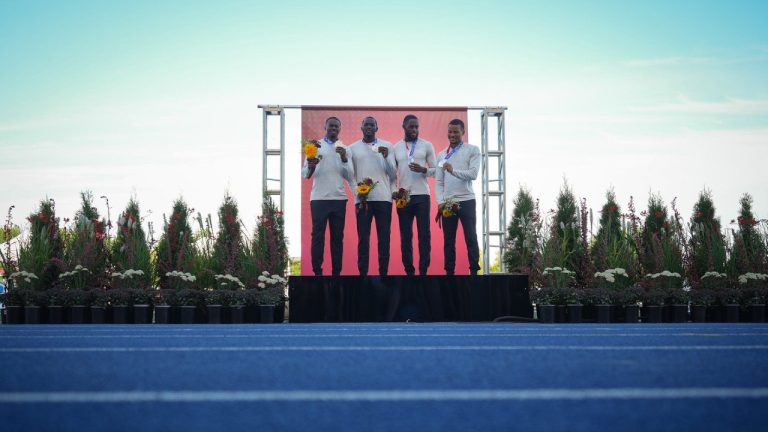 Aaron Brown, from left to right, Jerome Blake, Brendon Rodney and Andre De Grasse pose with their Tokyo Olympics silver medals during a ceremony at the Canadian track and field championships, in Langley, B.C., on Saturday, July 29, 2023. (Darryl Dyck/CP)