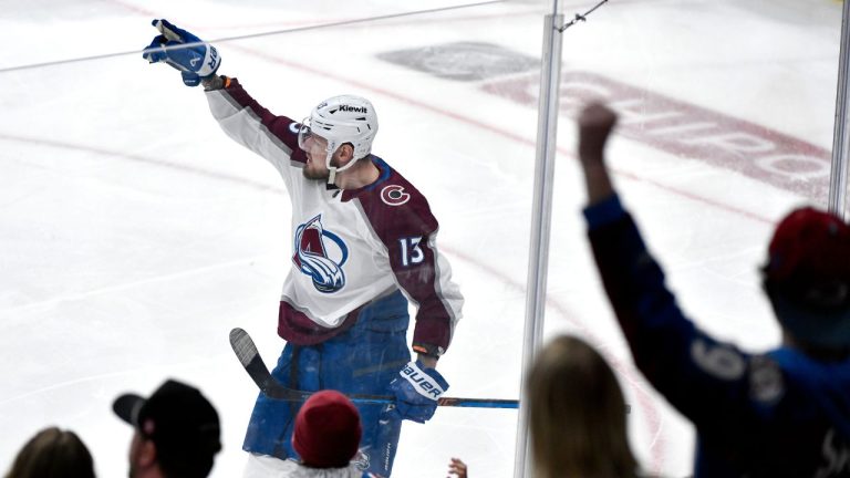 Colorado Avalanche's Valeri Nichushkin celebrates his goal against the Winnipeg Jets during the first period in Game 5 of their NHL hockey Stanley Cup first-round playoff series in Winnipeg, Tuesday April 30, 2024. (Fred Greenslade/CP Photo)