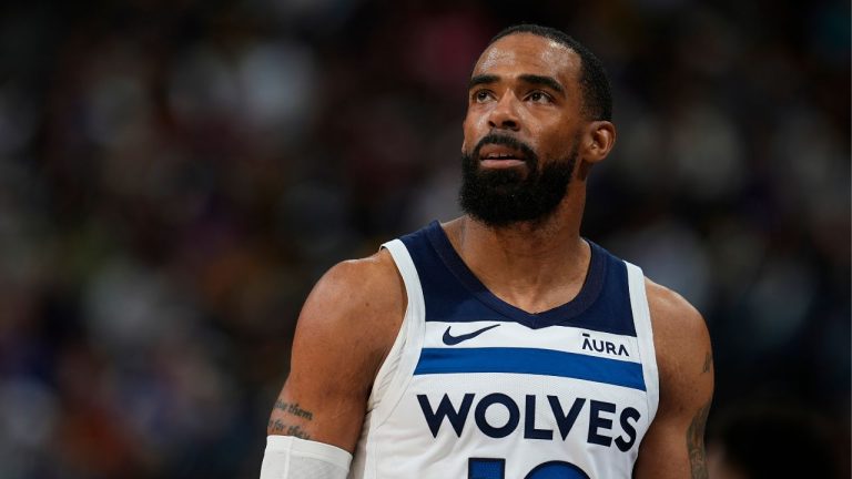 Minnesota Timberwolves guard Mike Conley (10) in the second half of Game 2 of an NBA basketball second-round playoff series Monday, May 6, 2024, in Denver. (David Zalubowski/AP Photo)