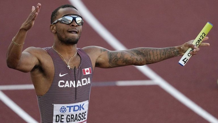 Andre De Grasse celebrates after winning the final in the men's 4x100-metre relay at the World Athletics Championships on Saturday, July 23, 2022, in Eugene, Ore. (Gregory Bull/AP Photo)

