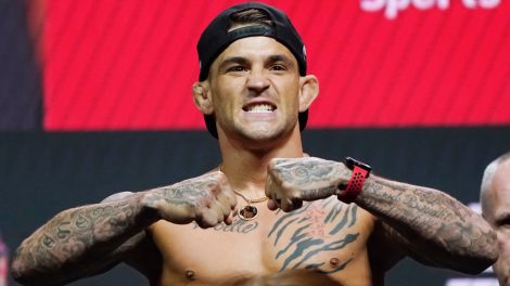Dustin-Poirier-poses-during-a-ceremonial-UFC-weigh-in