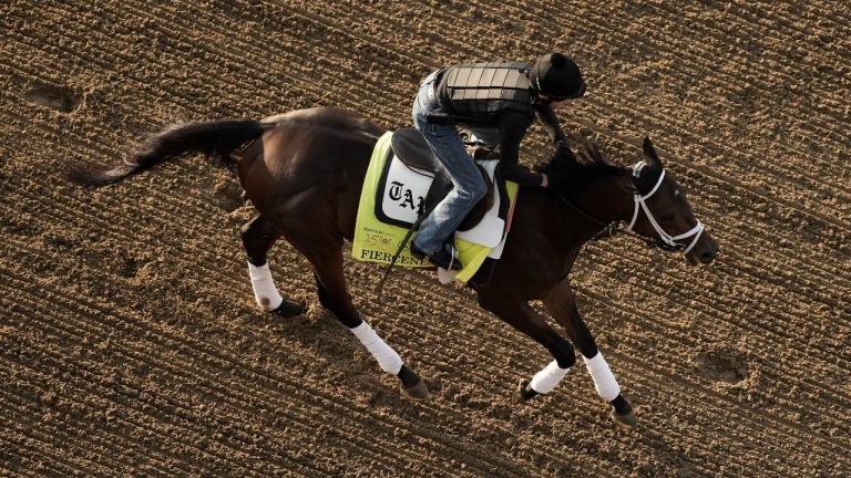 Kentucky Derby entrant Fierceness works out at Churchill Downs Thursday, May 2, 2024, in Louisville, Ky. The 150th running of the Kentucky Derby is scheduled for Saturday, May 4. (AP/Charlie Riedel)