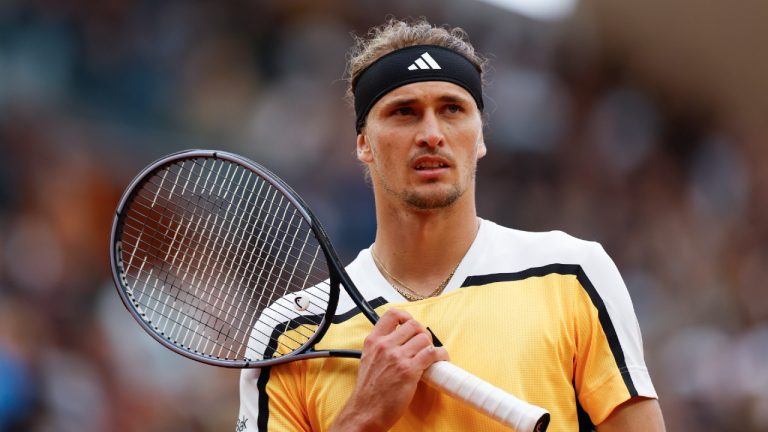 Germany's Alexander Zverev walks to the baseline during his second round match of the French Open tennis tournament against Belgium's David Goffin at the Roland Garros stadium in Paris, Thursday, May 30, 2024. (Aurelien Morissard/AP)