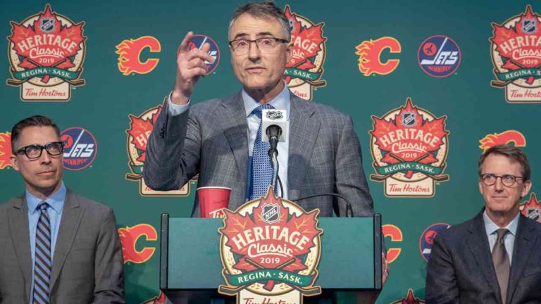 REGINA, SK - MARCH 15: Calgary Flames/Calgary Sports & Entertainment Corporation President & COO John Bean speaks during the 2019 Heritage Classic press conference at Mosaic Stadium on March 15, 2019 in Regina, Saskatchewan, Canada. (Photo by Peter Scoular/NHLI via Getty Images)