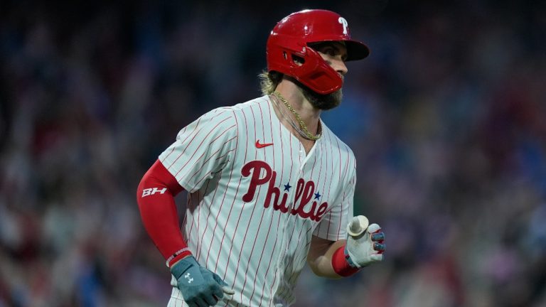 Philadelphia Phillies' Bryce Harper plays during the third inning of a baseball game. (Matt Rourke/AP)
