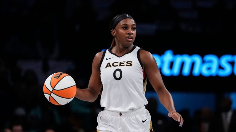 Las Vegas Aces' Jackie Young during the first half in Game 3 of a WNBA basketball final playoff series against the New York Liberty Sunday, Oct. 15, 2023, in New York. (Frank Franklin II/AP Photo)