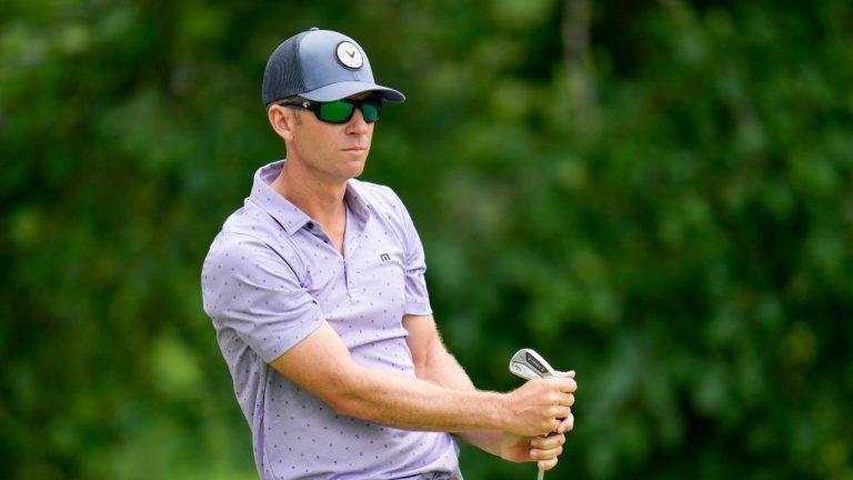 Jeremy Wells watches his tee shot on the 11th hole during the first round of the PGA Championship golf tournament at the Valhalla Golf Club, Thursday, May 16, 2024, in Louisville, Ky. (AP/Jeff Roberson)