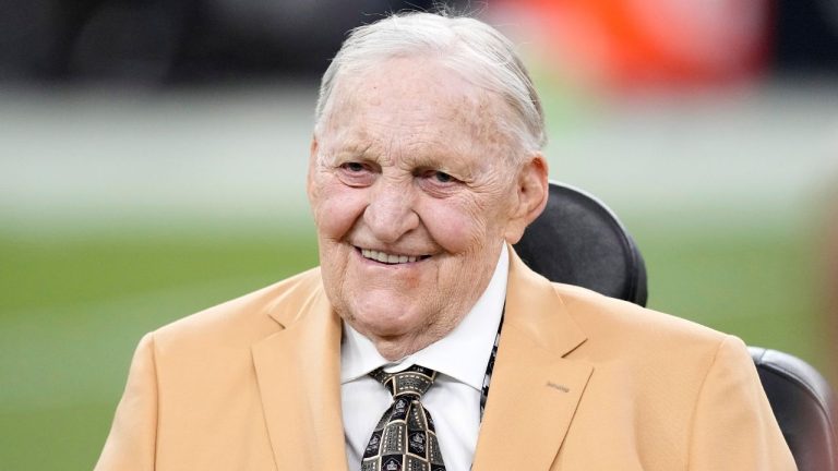 Hall of Famer Jim Otto is seen prior to an NFL football game between the Las Vegas Raiders and the Pittsburgh Steelers Sunday, Sept. 24, 2023, in Las Vegas. (AP Photo/Mark J. Terrill)