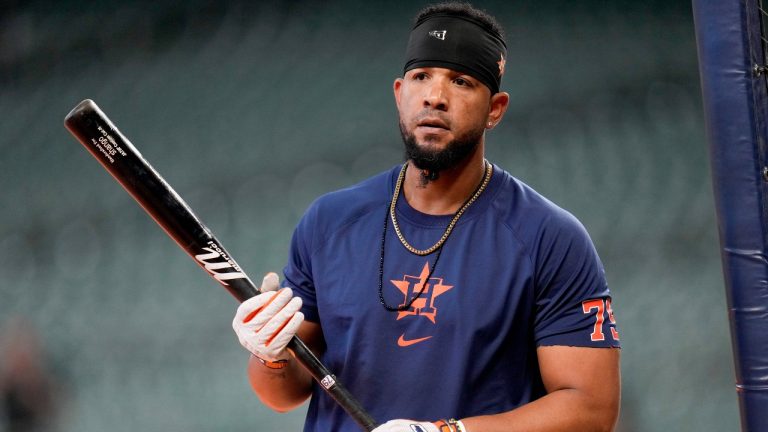 Houston Astros' Jose Abreu walks out of the batting cage during batting practice before a baseball game against the Toronto Blue Jays, Tuesday, April 2, 2024, in Houston. (AP Photo/Eric Christian Smith)