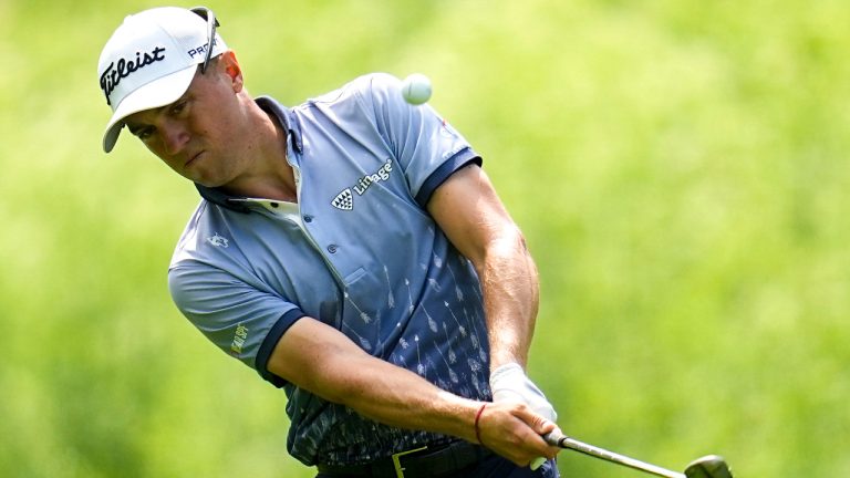 Justin Thomas chips to the green on the second hole during the first round of the PGA Championship golf tournament at the Valhalla Golf Club, Thursday, May 16, 2024, in Louisville, Ky. (Sue Ogrocki/AP)