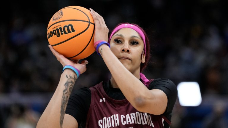 South Carolina's Kamilla Cardoso shoots during practice for the NCAA Women's Final Four championship basketball game Saturday, April 6, 2024, in Cleveland. (Morry Gash/AP)