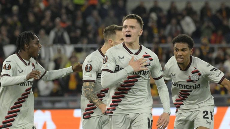 Leverkusen's Florian Wirtz celebrates after scoring his side's first goal of the game during the UEFA Europa League semifinal first leg soccer match between AS Roma and Bayer 04 Leverkusen at the Olympic stadium in Rome, Italy, Thursday, May 2, 2024. (Fabrizio Corradetti/LaPresse via AP)