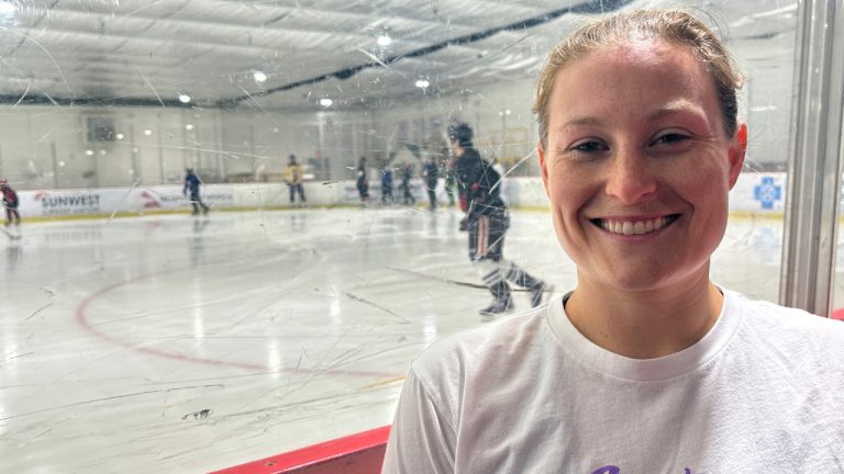 Lyndsey Fry poses at Arizona Made Ice Forum in Mesa, Ariz., May 1, 2024. The 2014 Olympian has created the Matt Shott Arizona Hockey Legacy Foundation to support boys and girls hockey programs after the Arizona Coyotes moved to Utah. (John Marshall/AP)