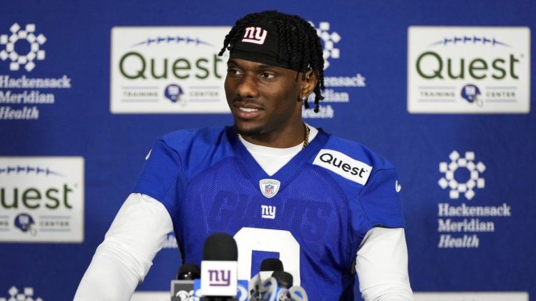 Wide receiver Malik Nabers speaks at a press conference during the NFL football team's rookie minicamp at Quest Diagnostics Training Center, Friday, May 10, 2024, in East Rutherford, N.J. (AP/Julia Nikhinson)