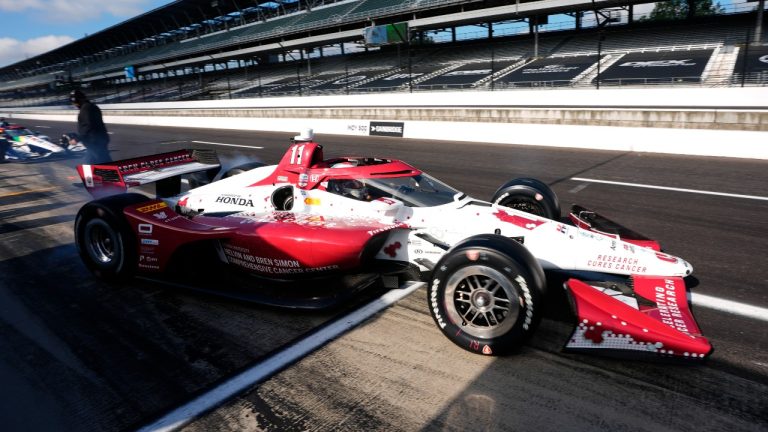 Marcus Armstrong of New Zealand, leaves the pits during a practice session for the IndyCar Grand Prix auto race at Indianapolis Motor Speedway, Friday, May 10, 2024, in Indianapolis. (AP/Darron Cummings)